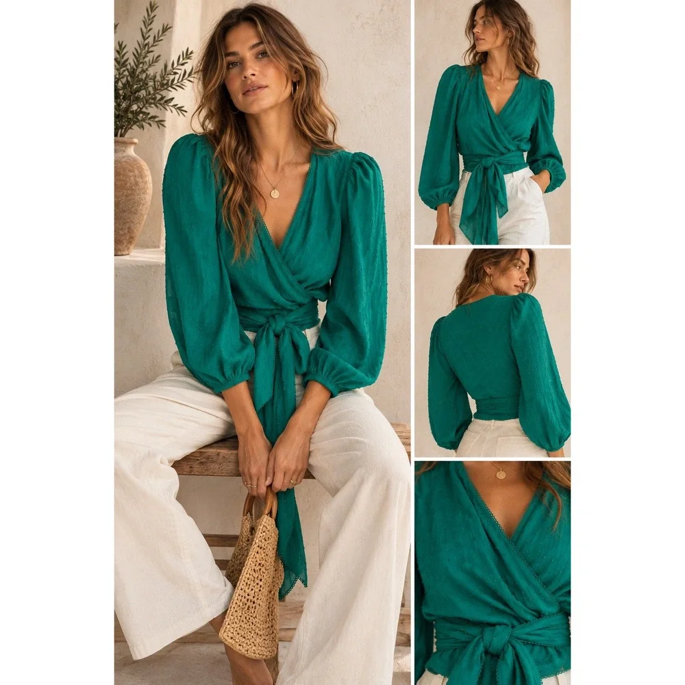Farm Rio Anthropologie Wrap Top L Teal Green Swiss Dot Colorblock Puff Sleeve